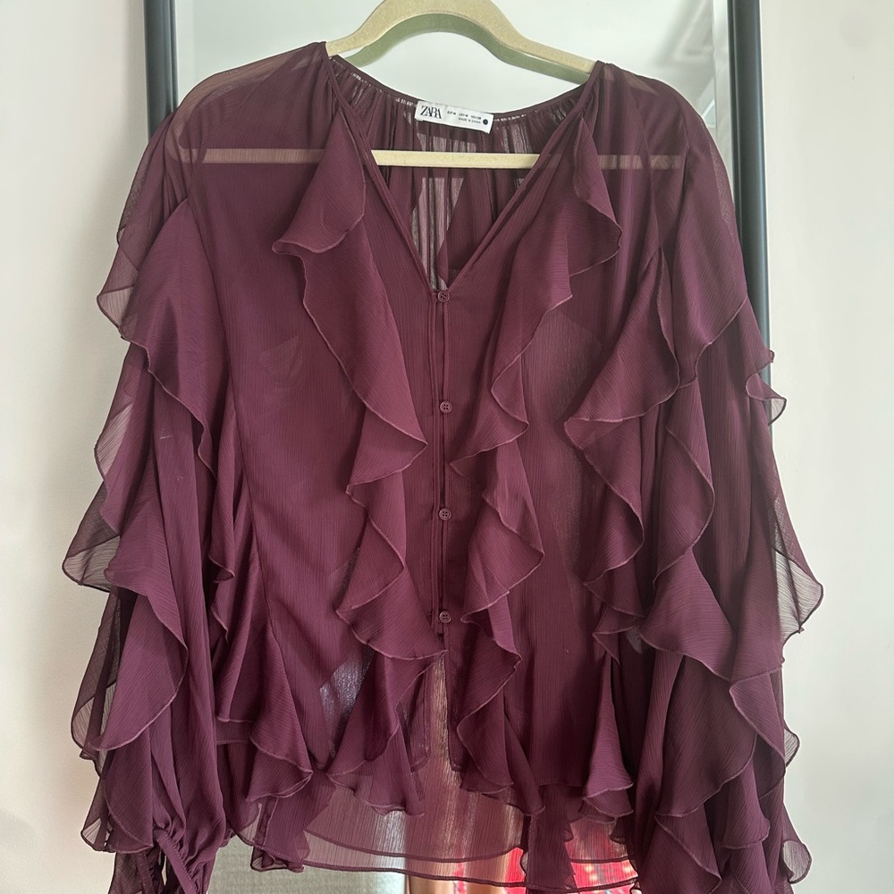 Zara — Women's Deep Burgundy Ruffle Blouse — Medium